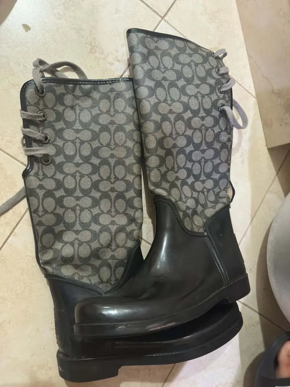 Coach Signature Logo Lace-Up Rain Boots Black